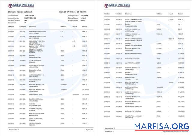 Realistic India Global Ime bank account statement word 2 pages template